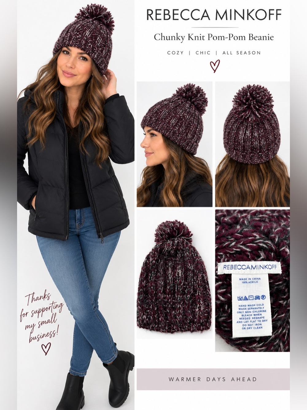 Rebecca Minkoff Pom Pom Beanie Women’s Burgundy Gray Chunky Cable Knit Winter Ha
